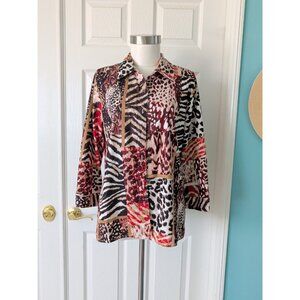 Allison Dailey Red Black Animal Print Button Front Top3/4 Sleeve Sz M